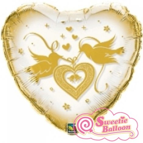 Q81660-2T Foil Balloon Gold Transparent Heart With Doves 36 90cm